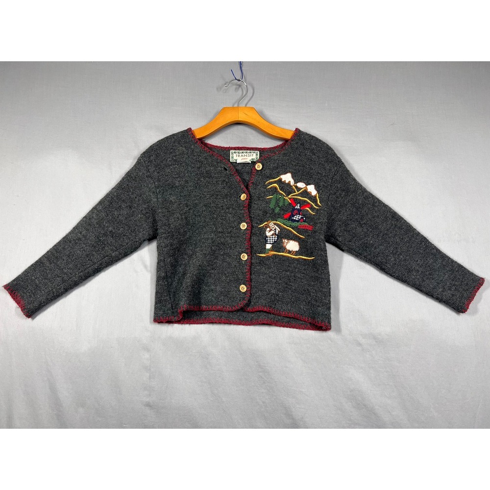 Transit Junior Vintage Gray Wool Embroidered Alpine Shepherd Cardigan Sweater 6